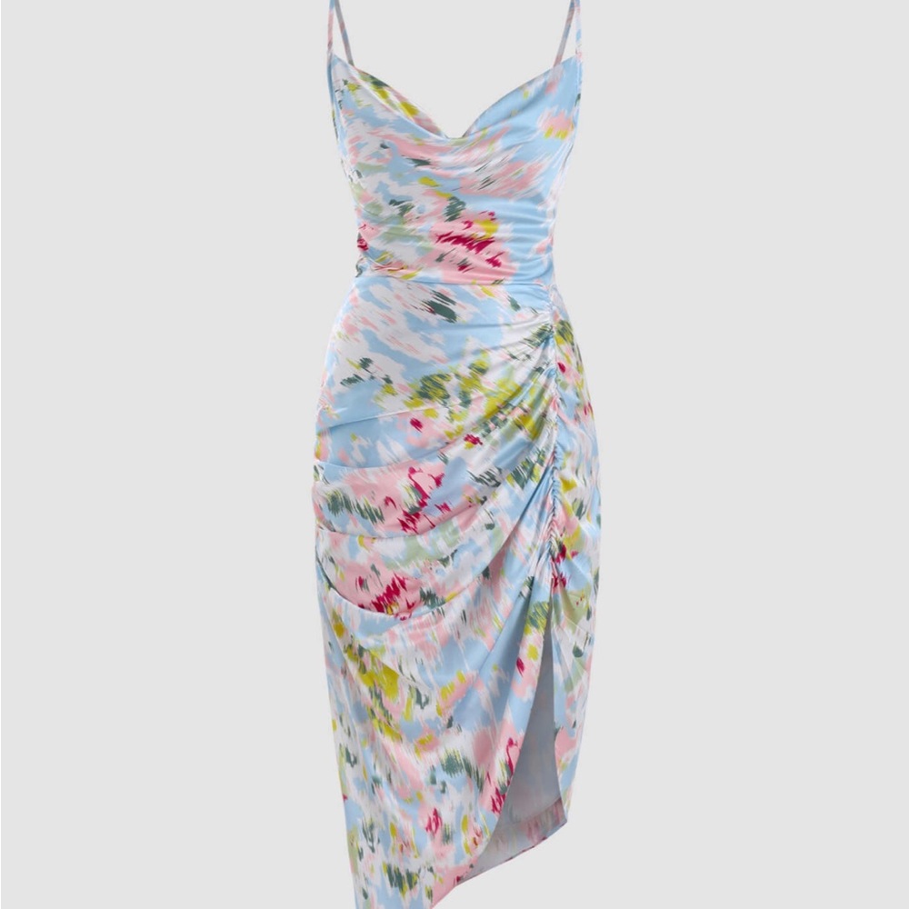 Cider floral ruched cowl neck midi dress